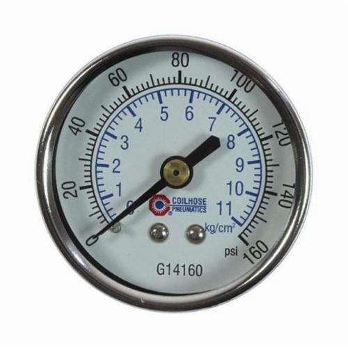 Coilhose® G14160 Analog Dry Round Pressure Gauge, 0 to 160 psi Pressure, 1/4 in NPT Connection, 2 in Dia Dial, +/- 3-2-3 % Accuracy